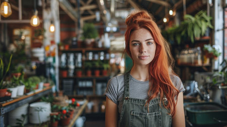 A woman with red hair stands in a plant shop, looking directly at the camera.の素材