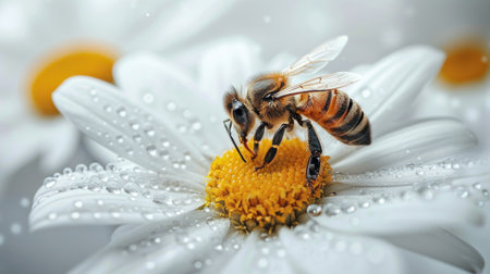 A close-up of a bee collecting pollen from a white daisy with dew drops.の素材