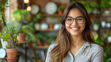 A woman smiles warmly, her eyes sparkling behind glasses, as she poses amidst a background of lush greenery.の素材