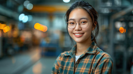 A young woman with glasses smiles brightly in a factory setting.の素材