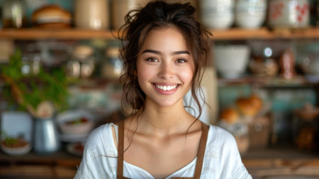 A young woman smiles brightly as she works in a small cafe.の素材