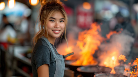 Young woman smiling, working at a busy street food stall in Southeast Asia, flames dancing behind.の素材