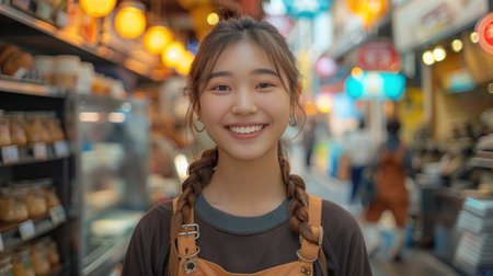 A young woman smiles brightly in the heart of a bustling Tokyo market.の素材