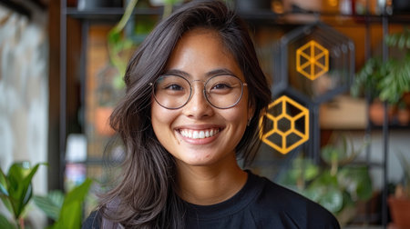 A young woman with glasses smiles brightly, her face illuminated by the natural light streaming in.の素材