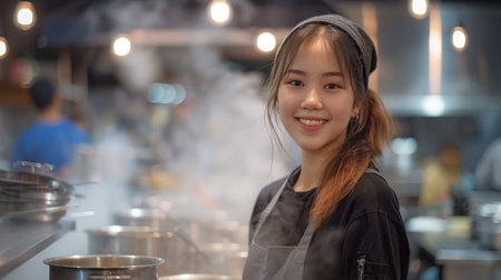 A young woman in an apron smiles warmly as she works in a busy restaurant kitchen, surrounded by steam and activity.の素材