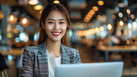 A young woman smiles as she works on her laptop in a cafe, surrounded by the warmth of the evening glow.の素材
