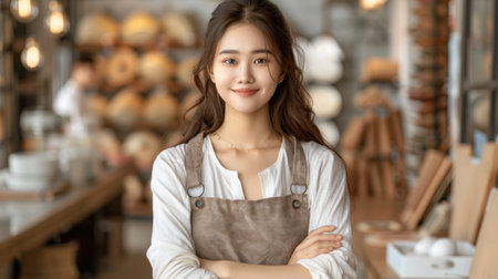 Young woman in bakery, wearing white shirt and brown apron, smiles confidently with crossed arms.の素材