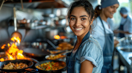 A young chef smiles brightly while working in a busy kitchen, flames licking at the pan behind her.の素材