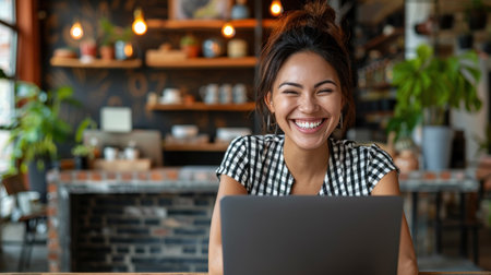 A woman smiles brightly as she works on her laptop in a cozy coffee shop setting.の素材