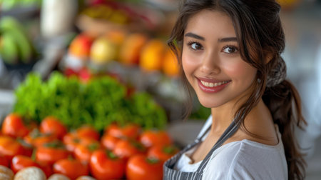 Woman smiles behind counter full of produce at market.の素材