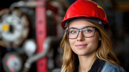 A woman wearing safety glasses and a hard hat smiles in an industrial setting.の素材