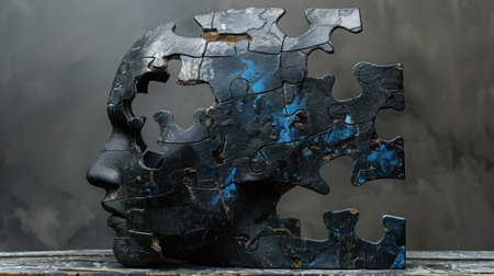 Mysterious black and blue face sculpture with missing pieces evokes incompleteness.の素材