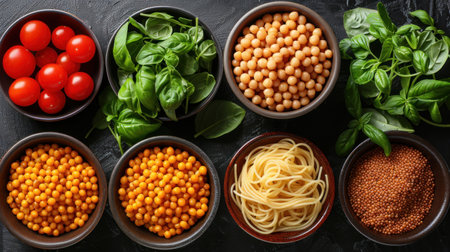 Fresh ingredients: tomatoes, basil, couscous, pasta, mustard seeds, ready to be made into a meal.の素材