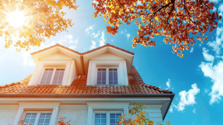 A white home with red tile roof under a bright blue sky with fluffy white clouds.の素材