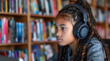 Girl in braids listens to audiobook amid bookshelves.の素材