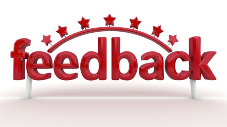 A 3D red feedback sign with stars arching above it.の素材