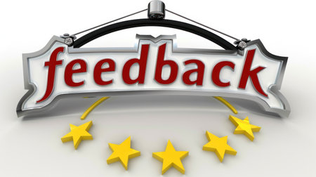 3D rendering of silver feedback sign hung by black wire, with scattered golden stars.の素材