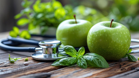 A stethoscope rests on a wooden surface with two green apples and fresh basil leaves.の素材