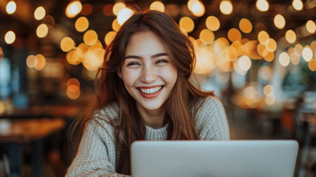 A young woman sits in a cafe, glowing with happiness as she looks at her laptop screen.の素材