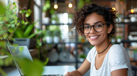A young woman smiles while working on her laptop in a cafe with a lush green background.の素材