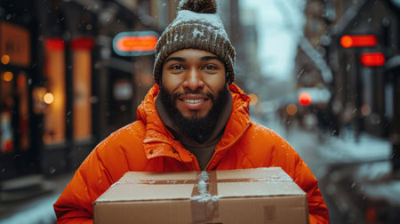 A delivery person in a bright orange jacket holds a package while smiling in the snowy city.の素材
