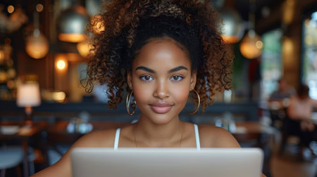 A young woman with curly hair sits in a cafe, her eyes fixed on her laptop screen.の素材