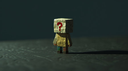 A small figurine with a question mark on its head stands alone on a dark surface.の素材