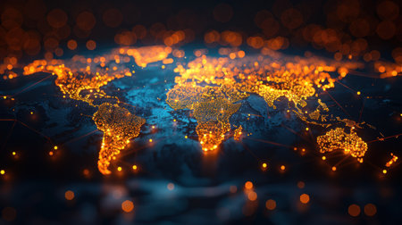 A stylized map of the world with glowing cities and connecting lines.の素材