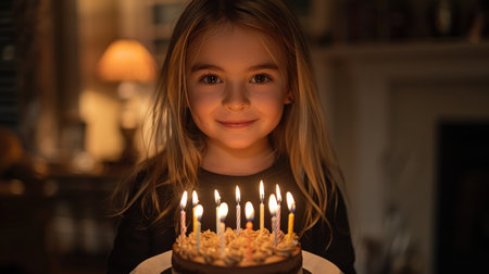 A young girl smiles with joy as she holds a birthday cake with lit candles.の素材