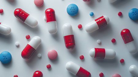 Red and white capsules scattered on a plain white background.の素材