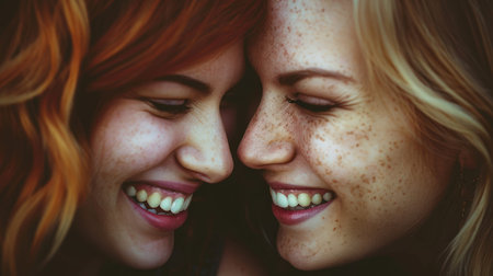 Two women with close-up faces, smiling at each other with warmth and affection.の素材