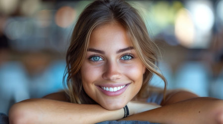 A woman with long blonde hair smiles warmly, her blue eyes sparkling with genuine joy.の素材