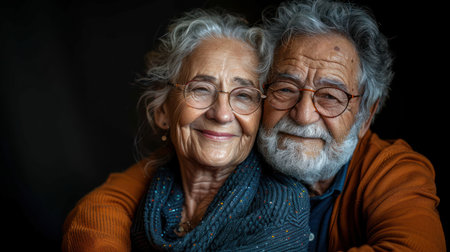 A senior couple smiles warmly, their eyes reflecting a lifetime of shared experiences and love.の素材