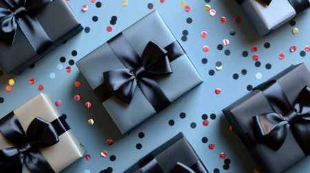 A flat lay of gift boxes with black bows and confetti on a blue background.の素材