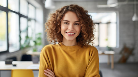A young woman with curly hair smiles warmly, standing confidently in a modern office setting.の素材