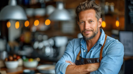 A barista with a beard smiles confidently at the camera while standing behind the counter in a coffee shop.の素材