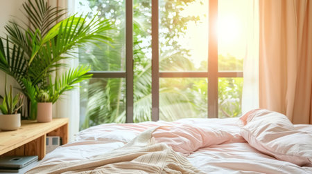 Bedroom with big window, lush green view, warm sun, soft pillows, cozy blanket - relaxation.の素材