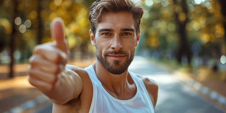 A man smiles and gives a thumbs up while wearing a white tank top outside.の素材