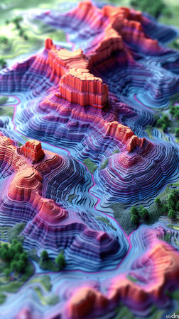 A close-up view of a detailed, multicolored model of a mountainous terrain, with a river winding through it.の素材