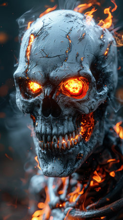 A close up of a flaming skull with glowing eyes, set against a dark background.の素材