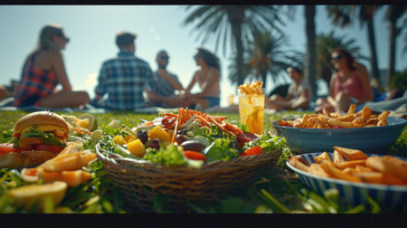 People picnic on grass with salad, burger, and friesの素材
