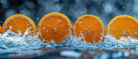 Four orange halves splash into a pool of water.の素材