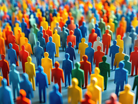 A close-up view of a large group of colorful paper cutout figures standing together.の素材