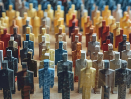 A group of colorful wooden figurines stand together on a table, resembling a crowd.の素材