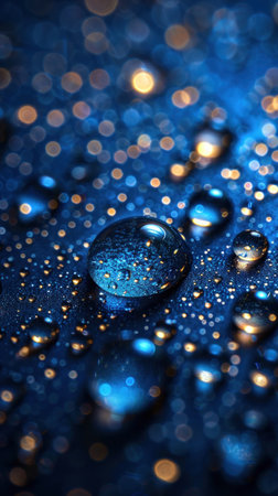 Water droplets glisten on a dark blue surface, reflecting golden bokeh lights.の素材