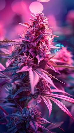 Close-up of a vibrant purple cannabis plant with flower buds.の素材