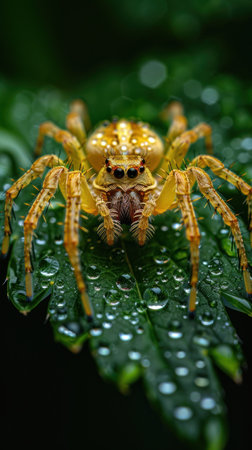 A yellow spider with black eyes sits on a green leaf covered in dew drops.の素材