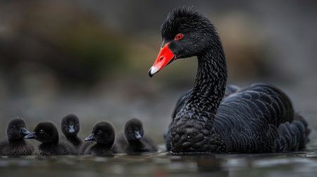 A black swan swims with its cygnets in a pond.の素材