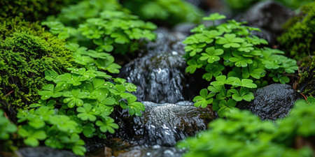 A small waterfall cascades over rocks amidst a vibrant tapestry of green moss and leaves.の素材