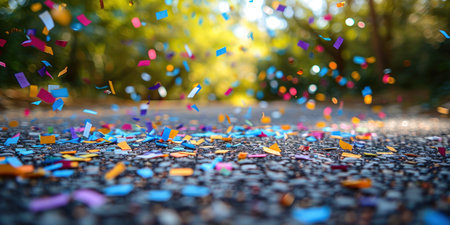Confetti falls on a paved road.の素材